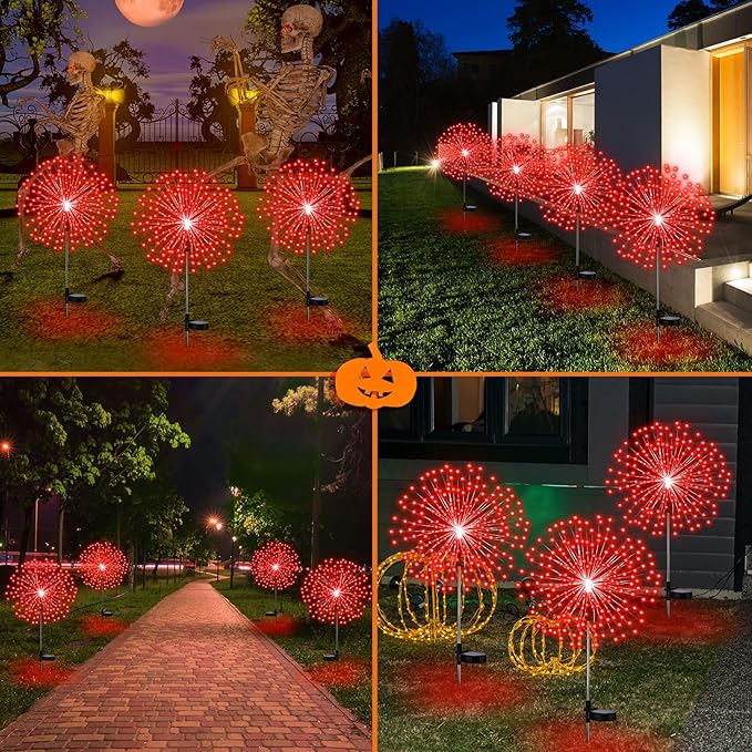 4 Pack Halloween Solar Lights Outdoor Christmas Solar Firework Lights with 180 LEDs 8 Modes LED Firework Decoration Waterproof Landscape Pathway Stake Sparkler Decor for Garden Driveway (Red)