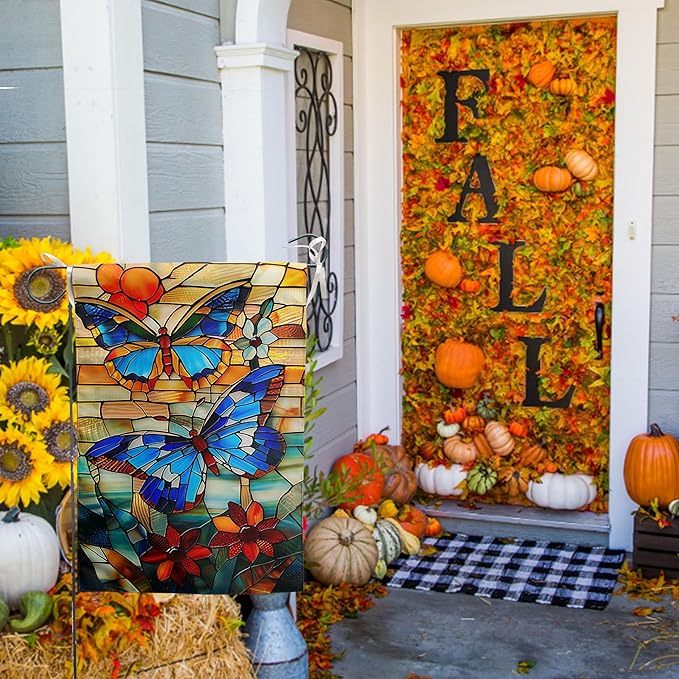 Stained Glass Butterfly Garden Flag Spring Summer Yard Flag Fall Floral Decorative Flags for Outside 12x18 Double Sided Small Seasonal Lawn Flags Rustic Outdoor Decor