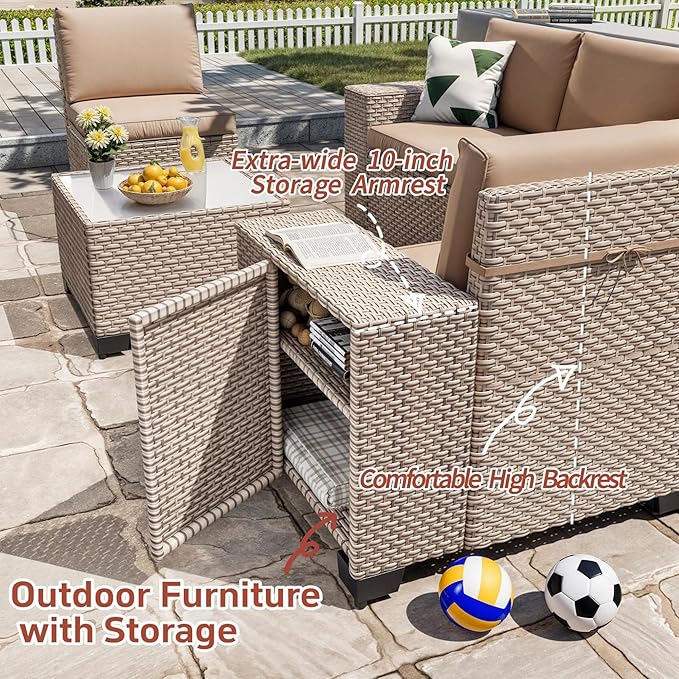 7 Pieces Patio Furniture Set with Fire Pit Table, Outdoor Sectional Wicker Sofa with Thickened Cushions and Coffee Table, High Back Rattan Patio Conversation Sets, Khaki