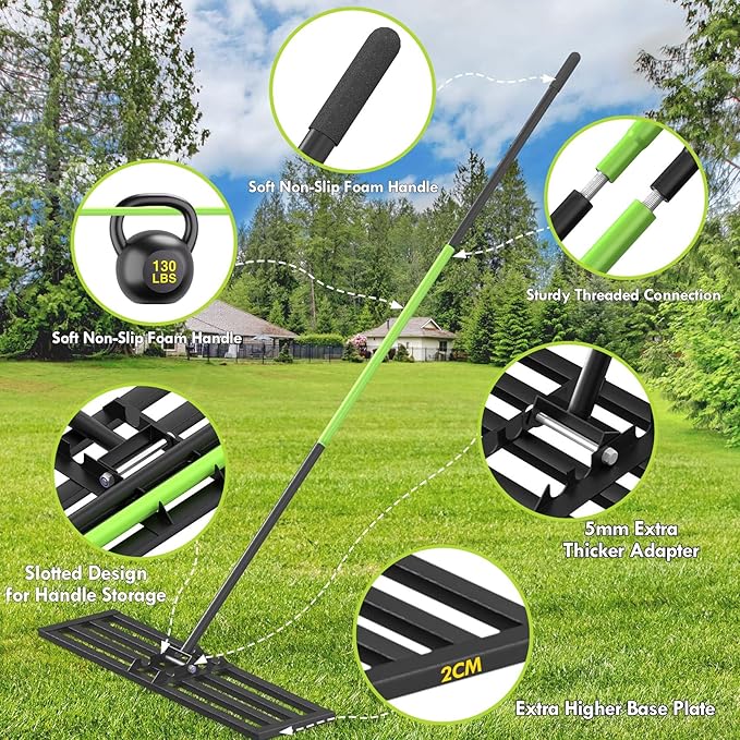 Seeutek Lawn Leveling Rake, 45” x 10” Lawn Leveler with 6.5FT Stainless Steel Handle Rakes for Lawns, 0-180° Adjustable Ground Leveler Tool for Yard, Level Soil Sand Dirt Surfaces