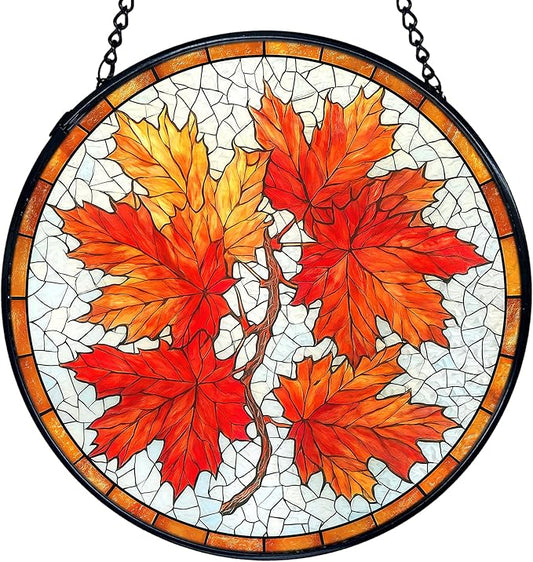 TNUW Fall Maple Leaf Stained Glass Window Hanging, Rustic Autumn Leaves Sun Catchers Indoor Window Glass Round Wall Art Decor, Fall Autumn Wall Hanging Decorations, 7.9＂x7.9＂