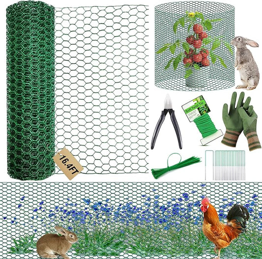 16.4Ft x16In Chicken Wire for Floral Arrangements - Free-Cut Green Metal Mesh with Hexagonal Galvanized PVC Coated Netting Guard Fence for Poultry, Garden, Plant