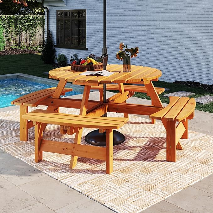 Tangkula 8-Person Wood Picnic Table, Outdoor Round Table and Bench Set with 4 Built-in Benches, Umbrella Hole, Perfect for Outside, Patio, Garden, Backyard, Porch