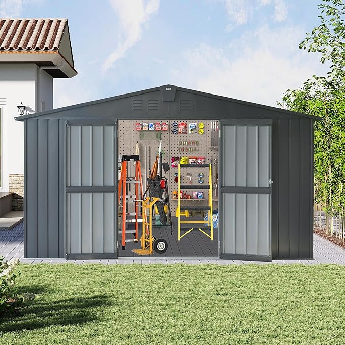 Domi Outdoor Storage Shed 11’ x 9’, Metal Sheds with Galvanized Steel Frame & Windows & Lockable Door, Garden Shed Tool Storage Room for Patio(Dark Gray)