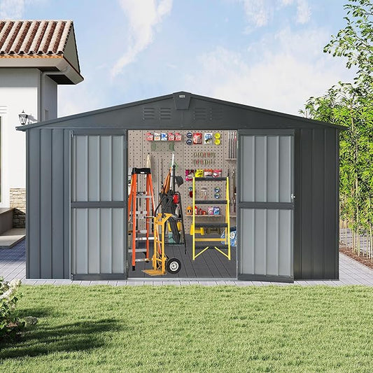 Domi Outdoor Storage Shed 11’ x 9’, Metal Sheds with Galvanized Steel Frame & Windows & Lockable Door, Garden Shed Tool Storage Room for Patio(Dark Gray)