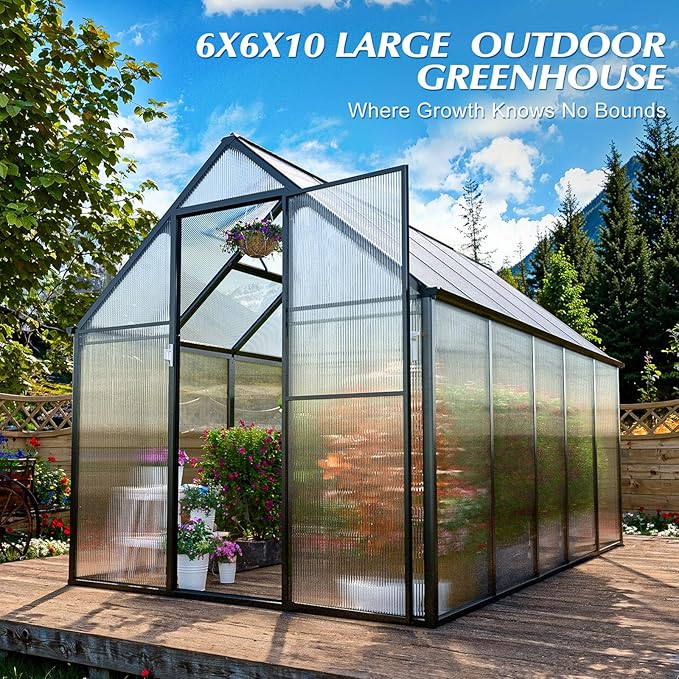 6'x10' Snap-Together Greenhouse - Easy 3-Way Connectors, Heavy-Duty Aluminum Frame, Wind/Snow Resistant for Gardening/Urban Farming, Includes Sliding Door & Ventilation Windows