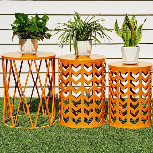 Y&M Set of 3 Stacking Coffee Table for Living Room, Patio Side Table,Indoor End Tables for Bedroom, Outdoor Decorative Garden Stool with Heavy Duty Metal Frame Modern Industrial Decor - Orange