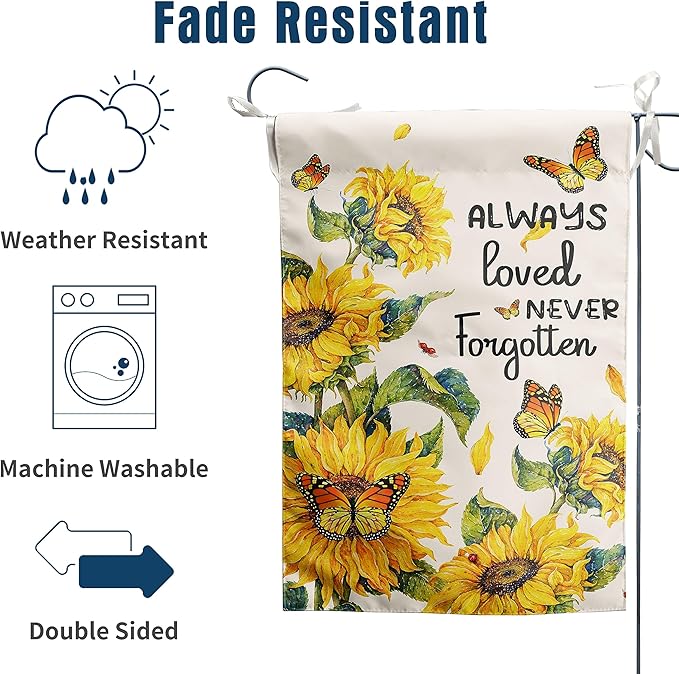 Always Loved Never Forgotten Memorial Garden Flag 12x18 Inch Double Sided Outside Sunflower Yard flag Butterfly Grave Flags for Cemetery Decorations
