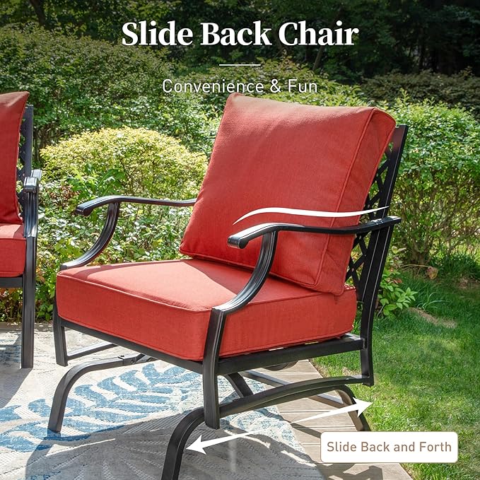 5 Piece Metal Outdoor Patio Furniture Set with Fire Pit Table, Patio Conversation Sets 4 Rocking Chairs with 5.75" Thick Cushion and 5000 BTU Fire Pit Table, Backyard Furniture, Red