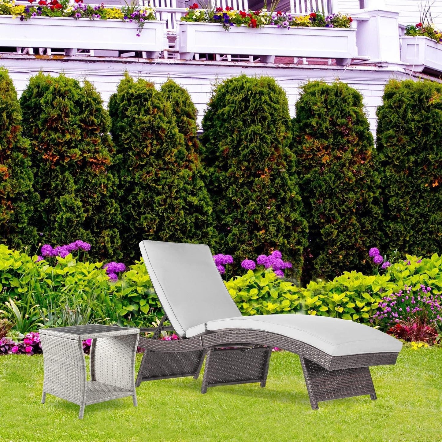 Outdoor Side Table for Patio Small Rattan Wicker Coffee Table Balcony Table Outside End Table with Poly Lumber Table Top & Storage Bistro Table for Garden Porch Deck Living Room Backyard Grey