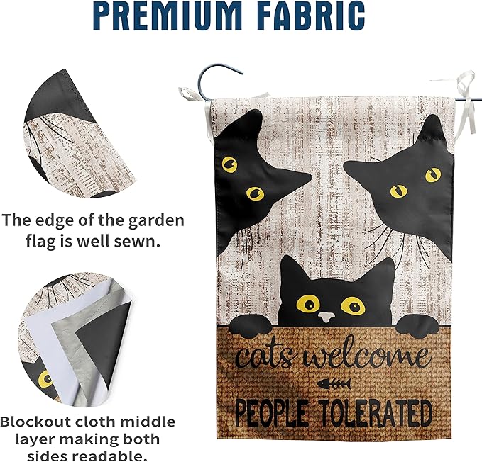 Black Cat Garden Flag Cats Welcome People Tolerated Sign Flag Halloween Banners for Outside 12 X 18 Double Sided Cat Lovers Gifts for Women