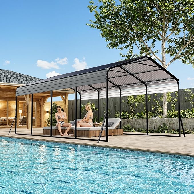 12x20 FT Heavy Duty Metal Carport with Galvanized Steel Frame & Roof, All-Weather Portable Car Garage Shelter, Metal Carports Garage for Cars, Trucks, Boats, Wind & Snow Resistant, Reinforced Base