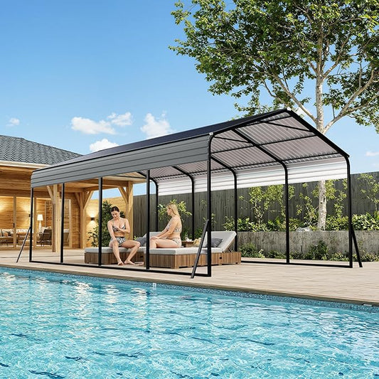 12x20 FT Heavy Duty Metal Carport with Galvanized Steel Frame & Roof, All-Weather Portable Car Garage Shelter, Metal Carports Garage for Cars, Trucks, Boats, Wind & Snow Resistant, Reinforced Base