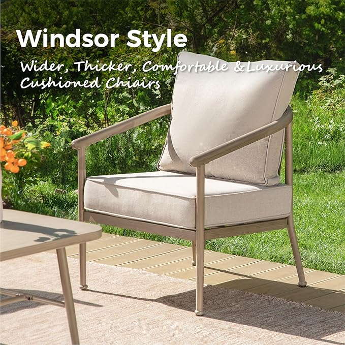 Outdoor Patio Furniture Set, 4-Piece Steel Patio Outdoor Conversation Sets with Washable Thick Cushions & Coffee Table, Windsor Outdoor Patio Sectional for Garden, Backyard, Balcony - Beige