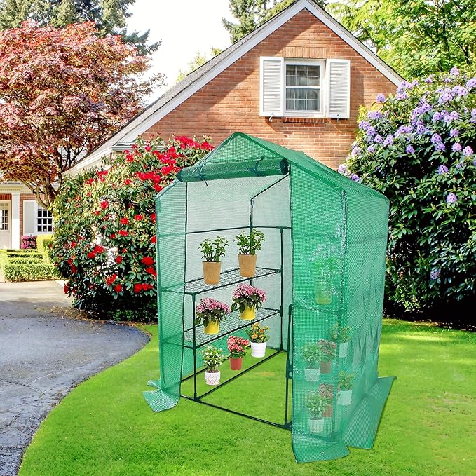 Walk-in Greenhouse Replacement Cover with Roll-Up Zipper Door- 56"x56"x76" PE Plant Gardening Greenhouse Cover for Gardening Plants Cold Frost Protection Wind Rain Proof (Frame Not Include)
