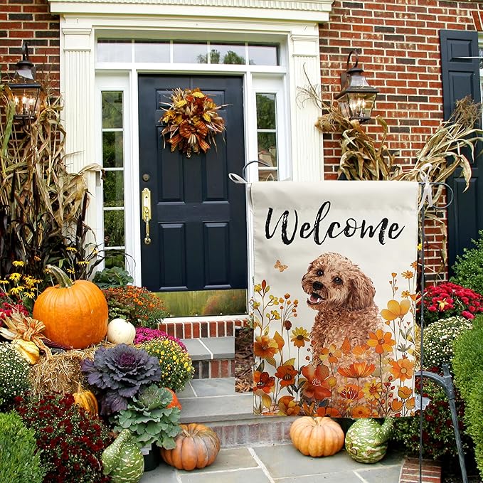 Floral Golden Doodle Garden Flag Fall Yard Flag Wildflower Dog Garden Flags Orange Autumn Lawn Flags Welcome Thanksgiving Outdoor Flags for Outside 12x18 Double Sided Small