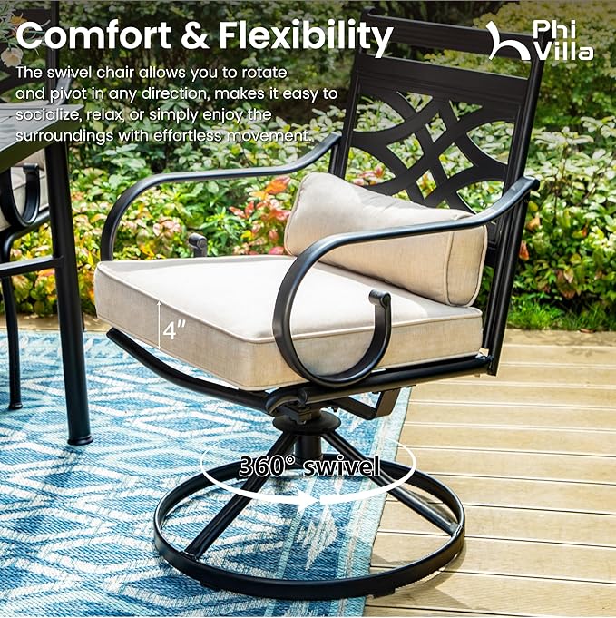 PHI VILLA Patio Dining Chairs Set of 6, Outdoor Swivel Chairs with Cushion and Pillow for Garden Lawn and Deck