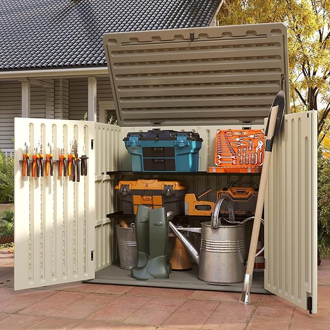 Horizontal Resin Storage Shed, 47 Cuft Garden Tool Sheds & Outdoor Storage, Outdoor Plastic Storage Cabinet Waterproof, 4.5 x 2.8 ft Backyard Outside Lawn Mower Storage Shed, Vanilla