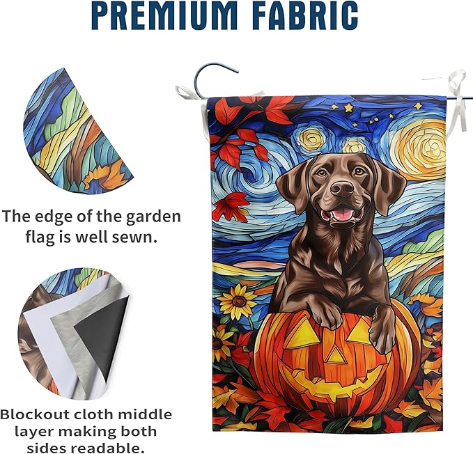 Stained Glass Chocolate Lab Fall Garden Flag Halloween Pumpkin Yard Signs Autumn Sunflower Thanksgiving Banner for Outside 12x18 Double Sided Small Labrador Dog Outdoor Decorative