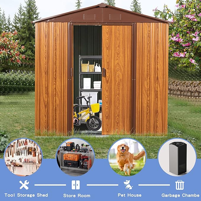 6x6 FT Outdoor Storage Shed, Metal Garden Shed with Frame Floor, Outside Tool Shed with Lockable Sliding Doors, Waterproof Storage Building with Sloped Roof for Backyard, Patio, Lawn, Coffee