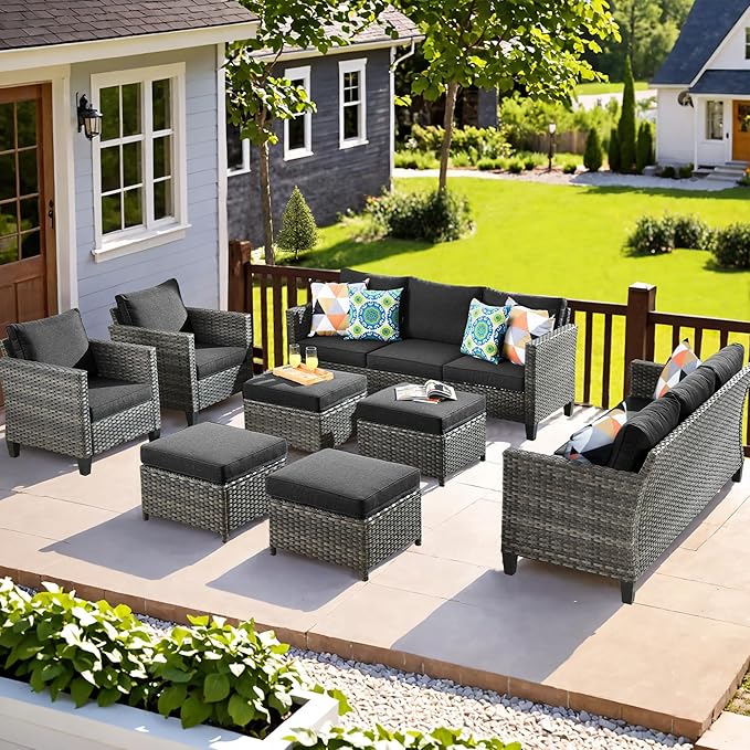 ovios Patio Furniture Set, 8 Pieces Outdoor Wicker Sofa Couch with Chairs, Ottomans and Comfy Cushions, All Weather High Back Rattan Conversation Set, Black