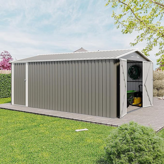 10x14 FT Outdoor Storage Shed, Large Metal Garden Shed with Side Door, Outside Tool Sheds with 3 Lockable Hinged Doors, Waterproof Storage Building with 4 Air Vents for Backyard, Patio, Light Gray