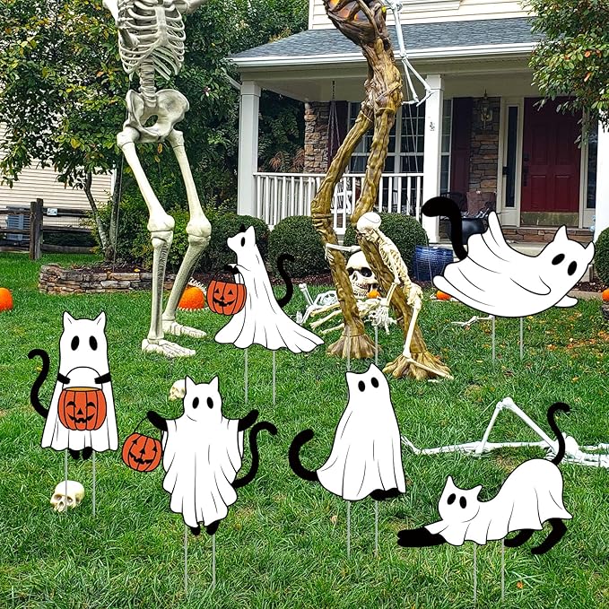 Nuanchu 7 Pcs Halloween Yard Outdoor Decorations Ghost Cat Yard Signs Corrugated Plastic Ghost Cat Pumpkin Lawn Sign with Stakes Waterproof Halloween Garden Stakes for Outside Scary Spooky Decor