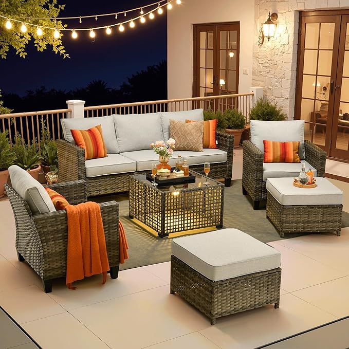 ovios 6 Pieces Patio Furniture Set Outdoor Sofa Couch with Solar Lights Table Comfy Cushions, Modern Deep Seat Wicker Rattan Conversation Set for Porch Deck, Grey