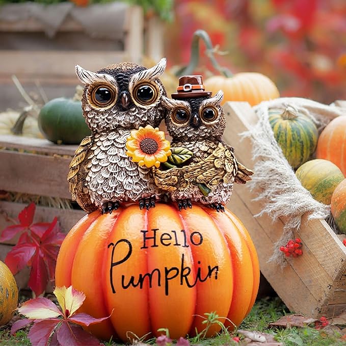 TERESA'S COLLECTIONS Fall Decor, Fall Owl Decor, Owl Perch on Pumpkin with Solar Light, Outdoor Fall Decor Waterproof Resin, Fall Gifts Outdoor/Indoor, 7.1"