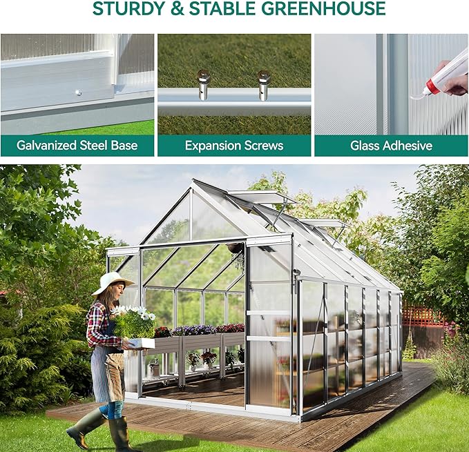 YITAHOME 12x8FT Polycarbonate Greenhouse Large Heavy Duty Green Houses Outdoor Aluminum Greenhouses with Sliding Doors Vent Window Walk-in Greenhouse for Garden Backyard, Silver