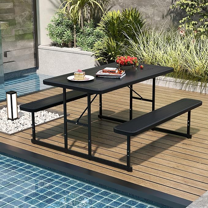 Giantex Picnic Table Bench Set for 4 People, 4.5FT Outdoor Rectangular Dining Table & 2 Benches w/Umbrella Hole, HDPE Tabletop, Metal Frame, Patio Garden Backyard Poolside (4.5FT,Non-Foldable,Black)