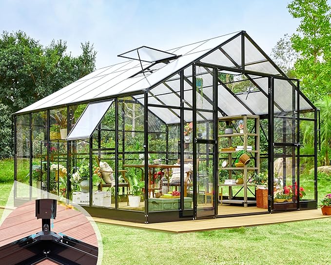 AMERLIFE 12x13.5x9 FT Hybrid Polycarbonate Greenhouse with Quick Connector Fast Assembly Clear Panels, Walk-in Large Aluminum Greenhouses for Outdoors, Swing 2 Doors 4 Vents, Black