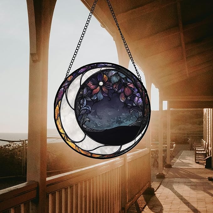 Stained Glass Window Hanging - Black and White Moon Sun Catcher for Door Terrace Garden Home Decor, Abstract Plant Flower Suncatcher Birthday Gifts for Lovers Women Men Dad Mom Nana 7.8 in