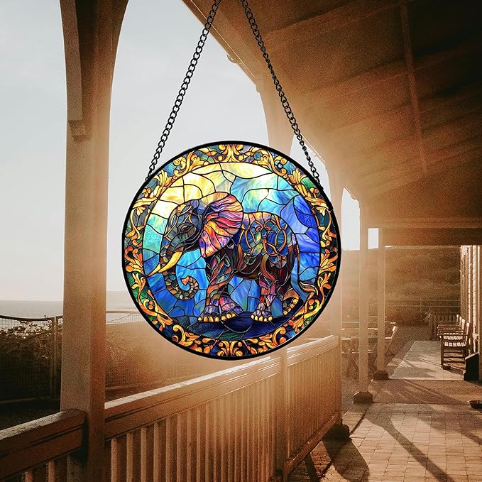 Stained Glass Window Hanging - Blue Elephant Suncatcher for Door Terrace Garden Home Decor, Yellow Retro Sun Catcher Birthday Gifts for Lovers Women Men Dad Mom Nana 9.8 in