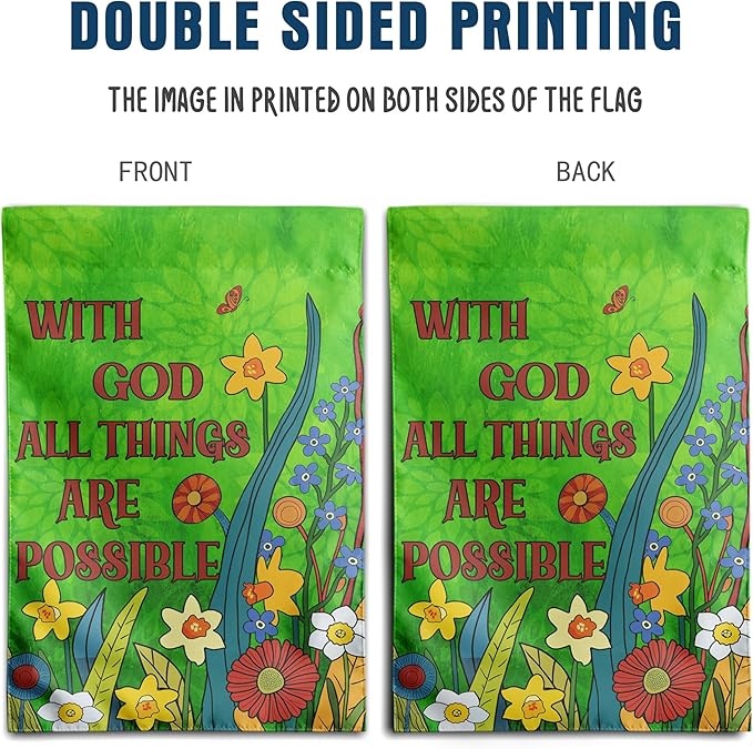 Religious Garden Flags Christian Flags for Outside Spring Floral Yard Flags Small Summer Outdoor Flag Green Flower with God All Things are Possible Banner 12x18 Double Sided