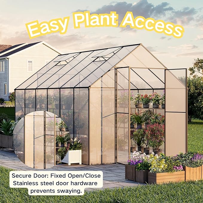 Kingdura 8x12ft Walk-in Greenhouse for Outdoors, Large Polycarbonate Greenhouses with Heavy Duty Aluminum Frame, Adjustable Roof Vent, Lockable Door, UV Protection for Outside Garden Backyard