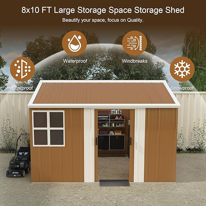 Outdoor Tool Shed 8x10 FT Heavy-Duty Metal Storage Shed with Lockable Door, Windows & Ventilation - Weather-Resistant Roof Garden Shed for Backyard, Patio, Lawn (Brown)