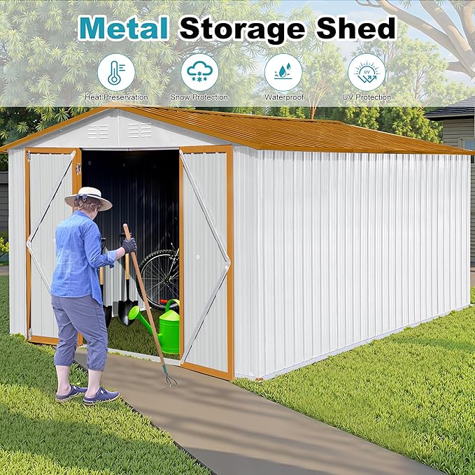 10x12 FT Outdoor Storage Shed, Metal Tool Shed with Lockable Doors & Peaked Roof, Garden Shed with Vented Design for Backyard Garden Patio Lawn, White+Yellow