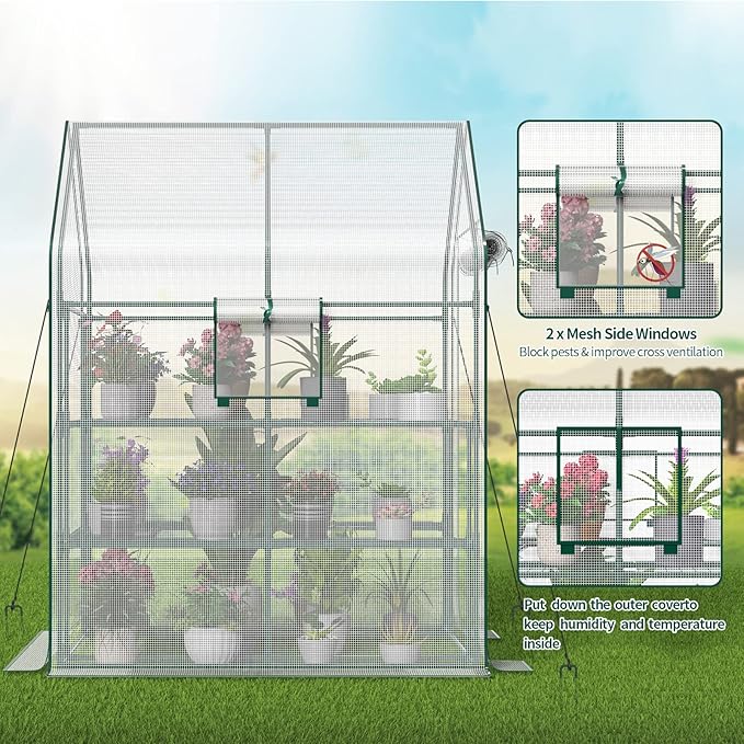 Greenhouse with 2 Mesh Windows, 4 Tiers, and 10 Shelves - Durable PE Cover, Pegs and Ropes for Stability- Perfect for Outdoor Gardens, Plants, Herbs, and Flowers