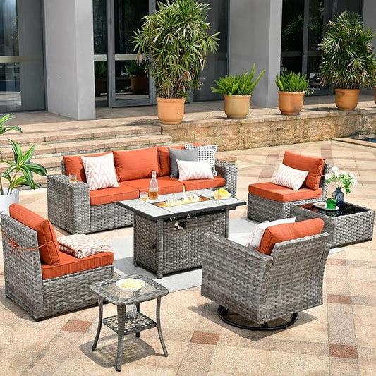 HOOOWOOO 9 Piece Modular Patio Outdoor Sectional Furniture Set with Gas Propane Fire Pit Table,Wicker Conversation Sofa Set with Swivel Chairs,Outside Couch Set(Orange Red)
