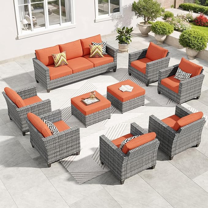 ovios Patio Furniture Set, 9 Pieces Outdoor Wicker Sofa Couch with 6 Chairs, Ottomans and Comfy Cushions, All Weather High Back Rattan Conversation Set, Orange Red