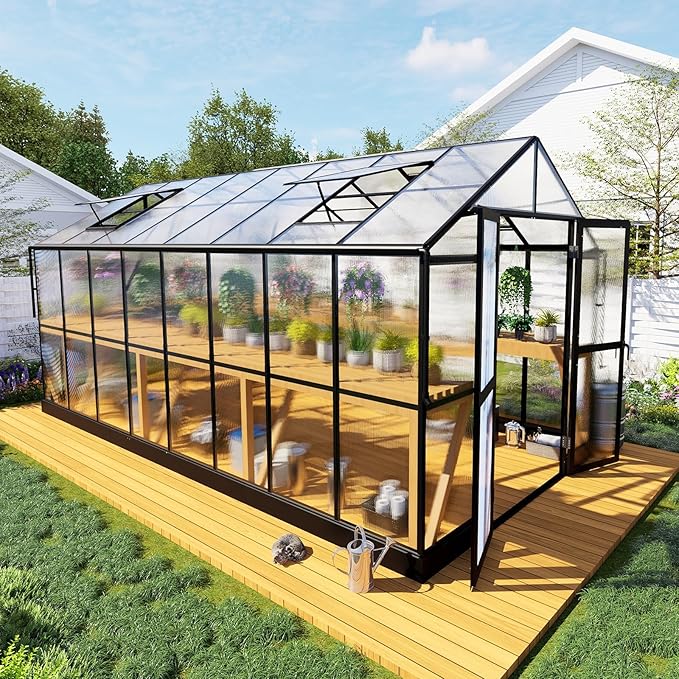 HOWE 8x16x7.5 FT Polycarbonate Greenhouse with Swing Doors, 4 Vents, 5.2FT Added Wall Height, Walk-in Large Aluminum Greenhouse for Outdoors, Black