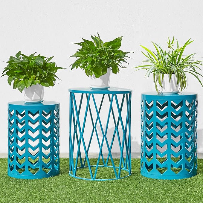 HFHOME Set of 3 Metal Side End Tables Nightstand, Nesting Round Coffee Table for Indoor Outdoor, Heavy Duty Metal Plant Stand Living Room Garden Stool - Blue