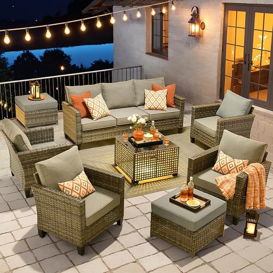 HOOOWOOO Outdoor Patio Furniture Set,8 Pieces Wicker Conversation Set,All Weather Couch Set with Solar Light Table Ottoman Chairs 9 Seaters for Out Door Yard(Charcoal Gray)