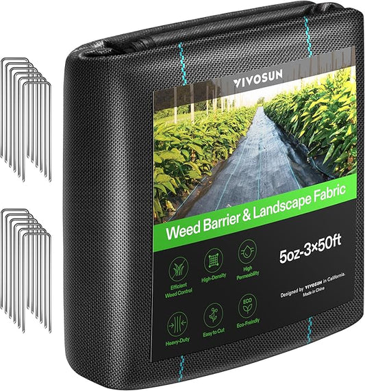 VIVOSUN Premium Weed Barrier Landscape Fabric Heavy Duty, 3ftx50ft 5oz Double-Layered Weed Control Mat with High Permeability with 12 Landscape Staples, Easy Set up & Superior Weed Control