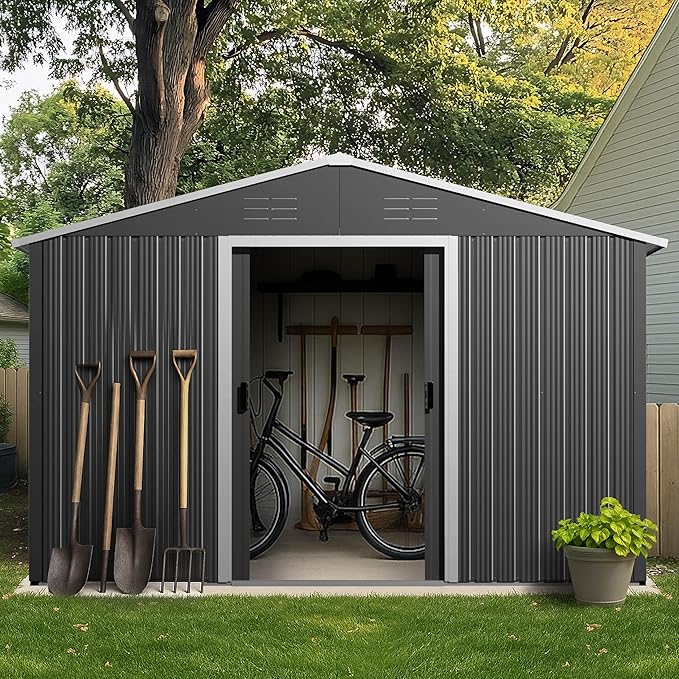 Nuu Garden 8 x 10 FT Outdoor Storage Shed with Sliding Doors, Galvanized Sheet Tool Shed with Sloping Roof, Anti-Corrosion Garden Shed with Air Vents for Backyard Patio Lawn, Black