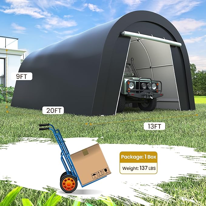 Wisteria Lane Domed Carport, Portable Garage with 2 Roll up Doors, Heavy Duty Car Canopy Party Tent, All-Season Storage Shelter Shed Carport for Motorcycle, Boat, Truck, or Garden Tools, 13' x 20'