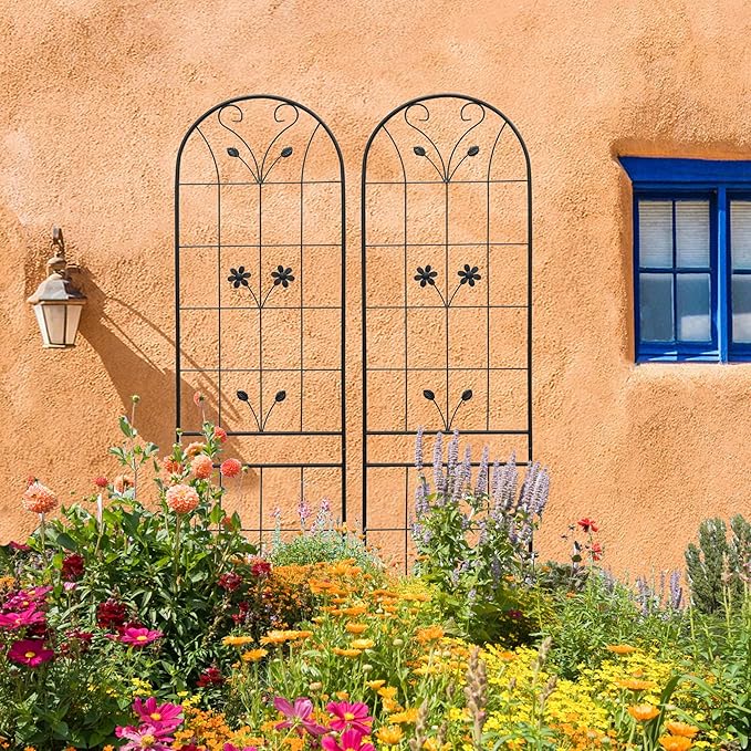 4 Pack Metal Garden Trellis 86.7" Tall Outdoor Climbing Plant Support for Roses, Flowers, Rustproof Durable Black Galvanized Tube, Lawn Garden Fence Decor Screen (4, Daisy-86.7" H)