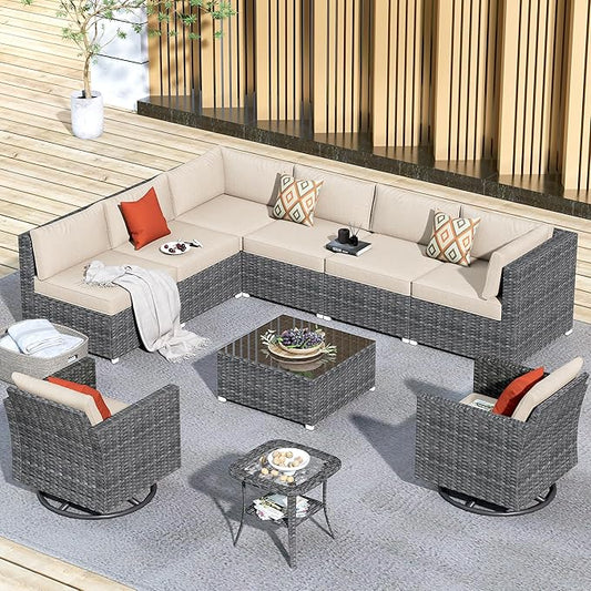 HOOOWOOO 10 Piece Patio Sectional Furniture Set with Swivel Rocking Chairs,Modern Wicker Outdoor Conversation Sofa Sets,Weather Resistant Modular L Shaped Outside Couch Set(Beige)