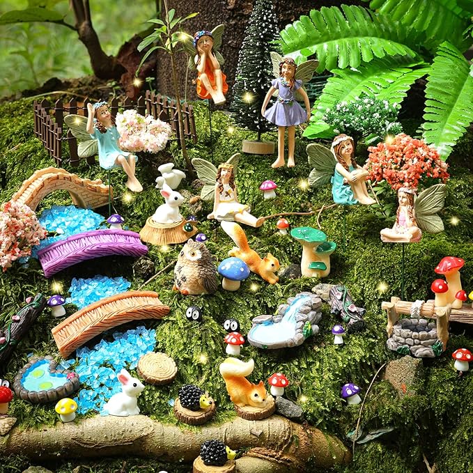 100 Pcs Fairy Garden Accessories Miniatures Figures Kit Micro Landscape Terrarium Ornaments Resin Mushroom Animal Fake Pond Lawn Bridge Garden Dollhouse Decoration